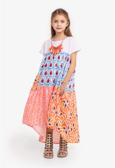 High-Low Tiered Schiffli Yoke Dress