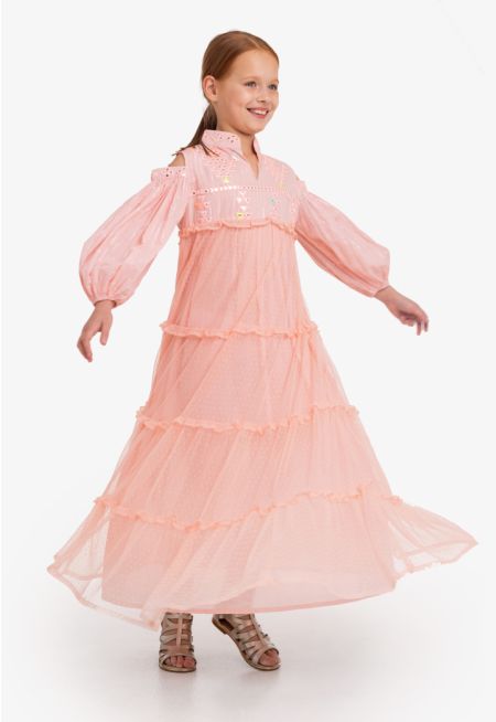 Cold Shoulder Tiered Embroidered Tulle Dress