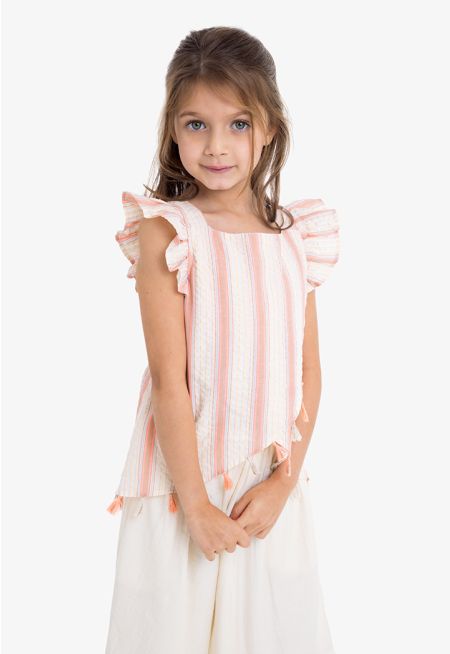 Lurex Striped Ruffle Sleeveless Blouse