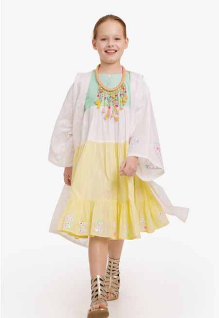 Tiered Striped Ruffled Embroidered Dress