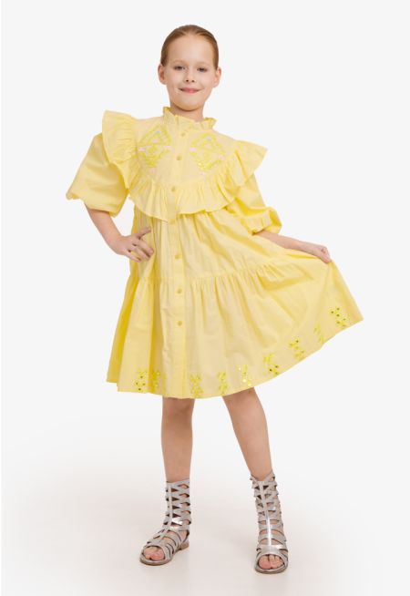Puff Sleeves Embroidered Ruffle Dress