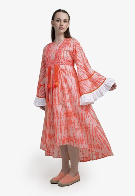 High-Low Bell Sleeves Embroidered Dress