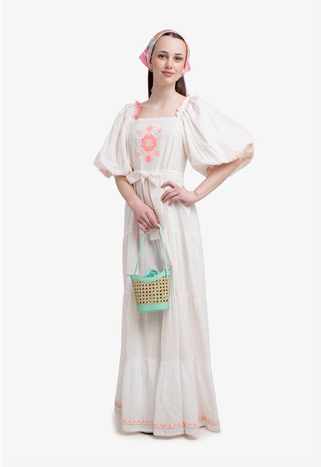 Puff Sleeves Tiered Embroidered Dress 
