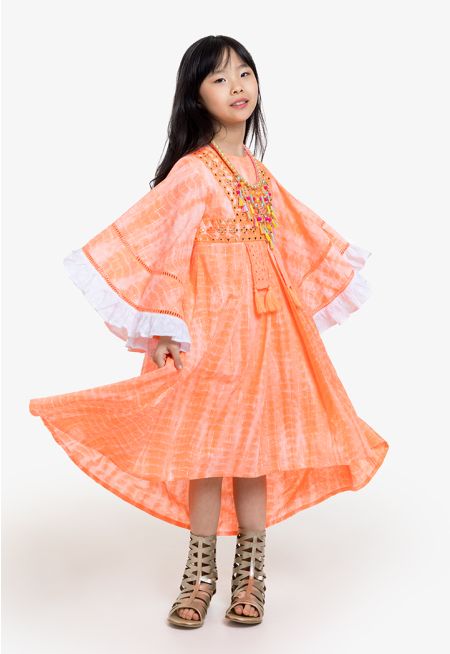 High-Low Bell Sleeves Embroidered Dress