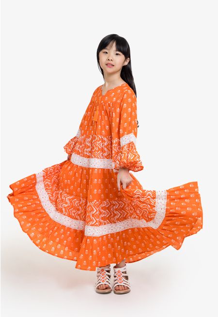 Lurex Printed Lace Tiered Dress