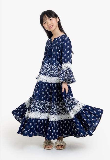 Lurex Printed Lace Tiered Dress