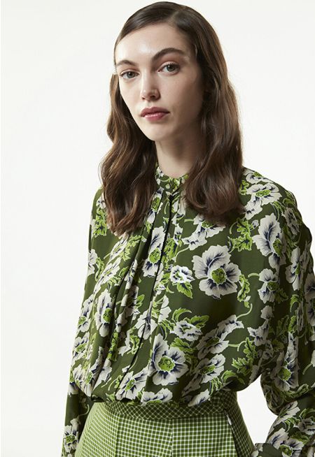 Machka Floral Print Collar Tunic Blouse Green