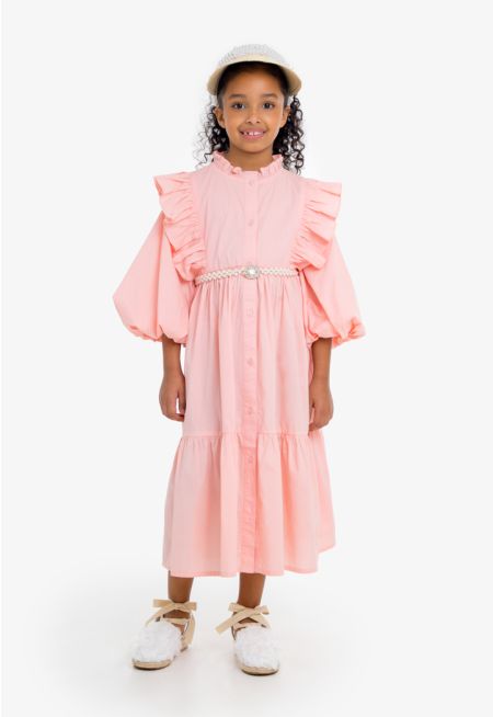 Ruffled Puff Sleeved Solid Dress