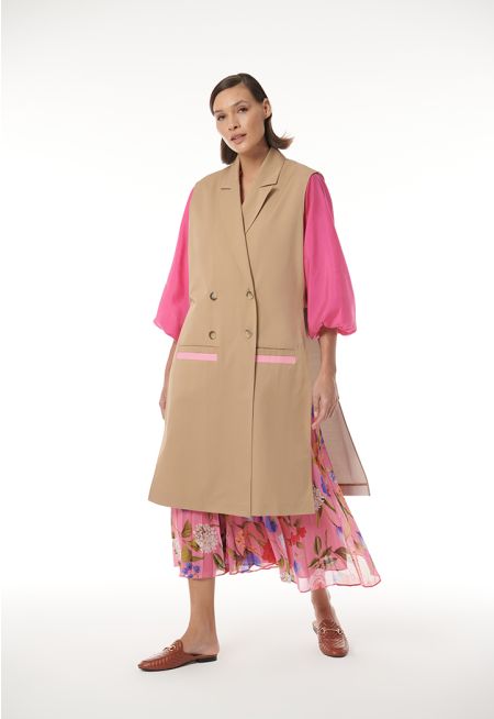 Solid Maxi Sleeveless Trench Coat with Big Side Slits