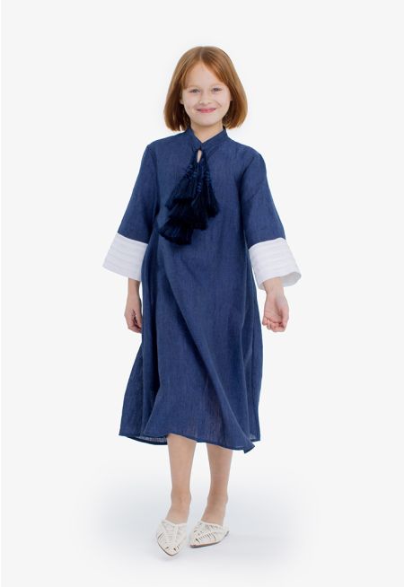 Solid Long Sleeves Tassels Maxi Dress