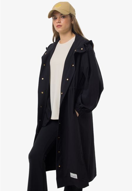 Drawstring Waist Solid Long Outer Jacket