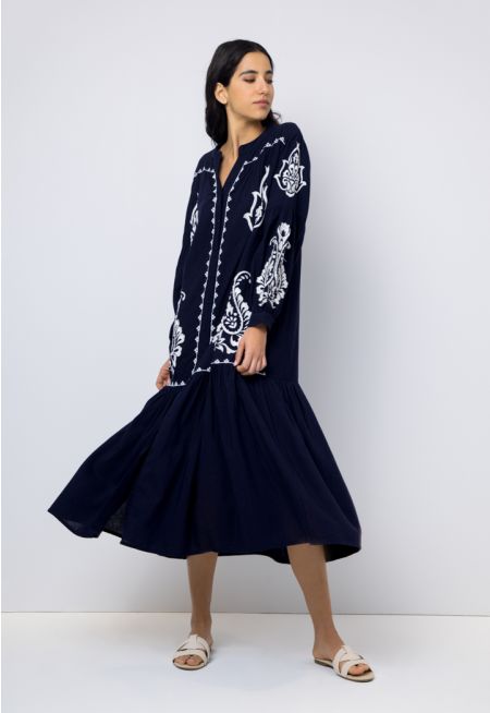Embroidered Balloon Sleeves Shirt Dress