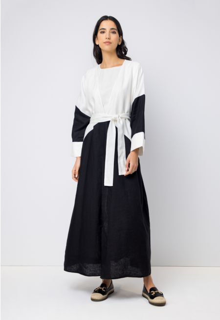 Contrast Belted Open Front Abaya