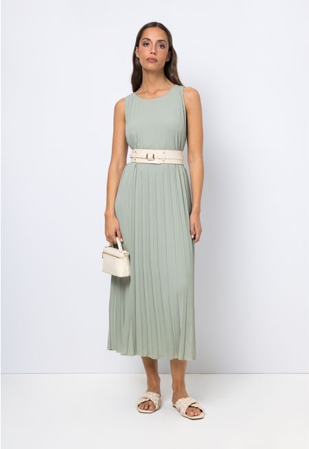 Pleated Sleeveless A-Line Dress