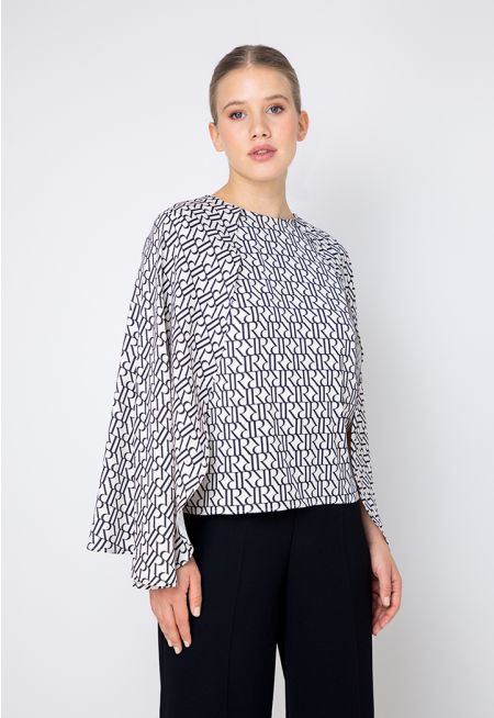 Cape Sleeves Monogram Print Blouse