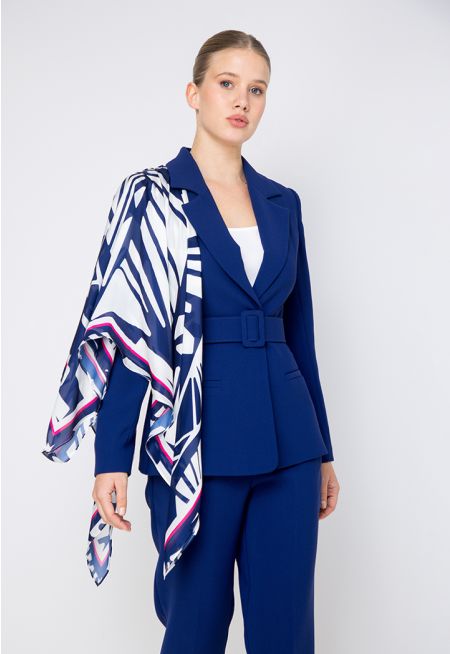 Solid Belted Blazer With A Detachable Scarf