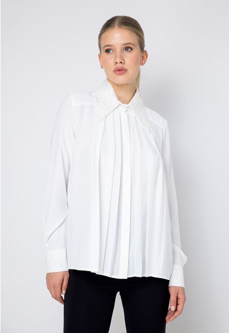 Beaded Collar Pleated Solid Shirt