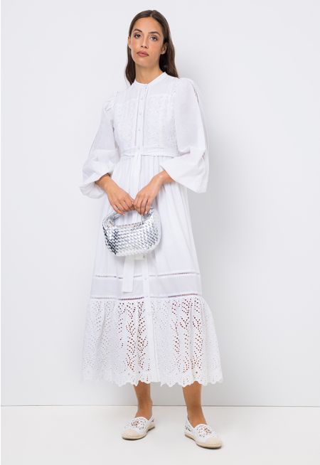 فستان بتصميم قميص مطرز ومخرم بحزام- ستايل رمضان