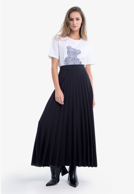 Pleated Flared Maxi Solid Skirt