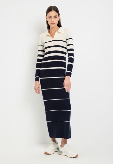 Knitted Contrast Striped Ribbed Dress