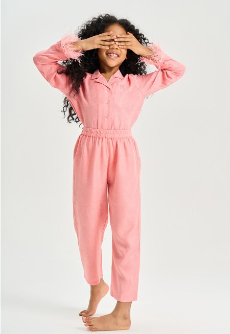 Solid Feather Hem Notch Lapel Collared Pajama Set (2 PCS)