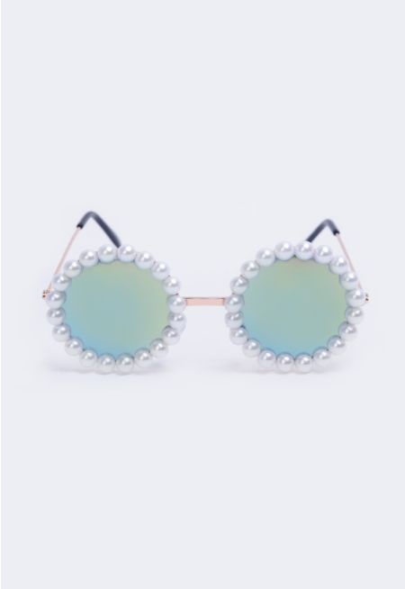 Faux Pearls Embellished Round Sunglasses