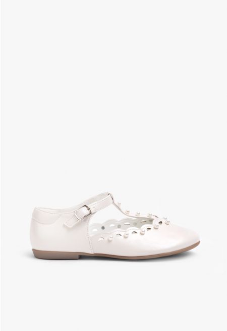 PU Leather Faux Pearls Embellished Ankle Strap Flats