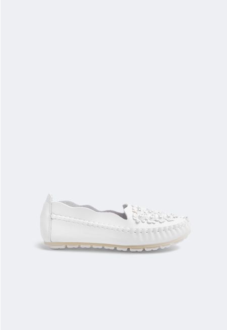 Floral Faux Pearls Embellished Loafers