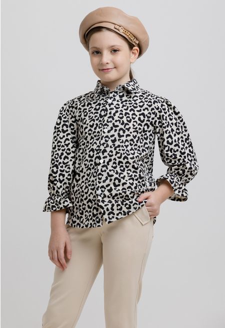 Leopard Print Collared Long Sleeve Shirt -Sale