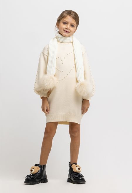 Faux Pearls Knitted Puffy Sleeves Short Winter Dress -Sale