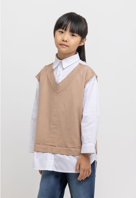 Two Tone Collared Contrast Vest Shirt -Sale