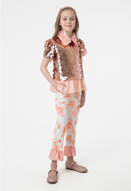 Floral Print Ruffle Solid Sequins Blouse And Pants Set -Sale