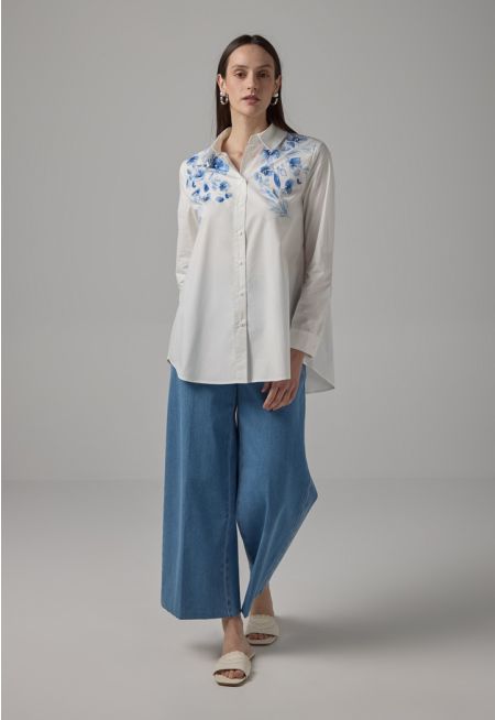Solid Wide Leg Denim Trousers