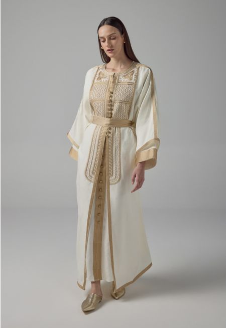 Lurex Embroidered Flared Belted Abaya - Ramadan Style