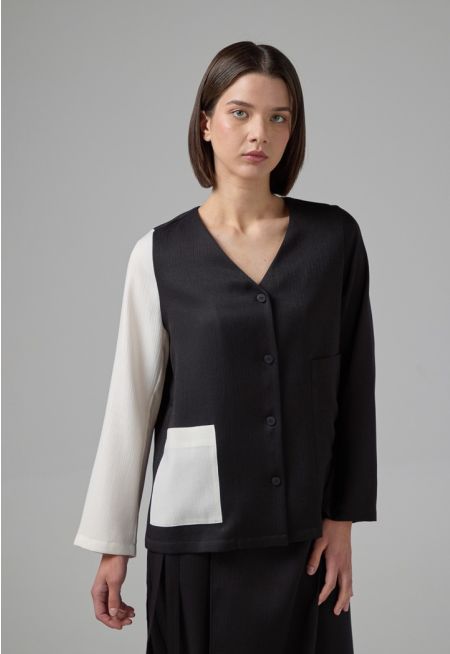 Contrast Front Pocket Crinkled Buttoned Top