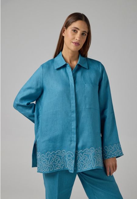 Embroidered Contrast Linen Shirt