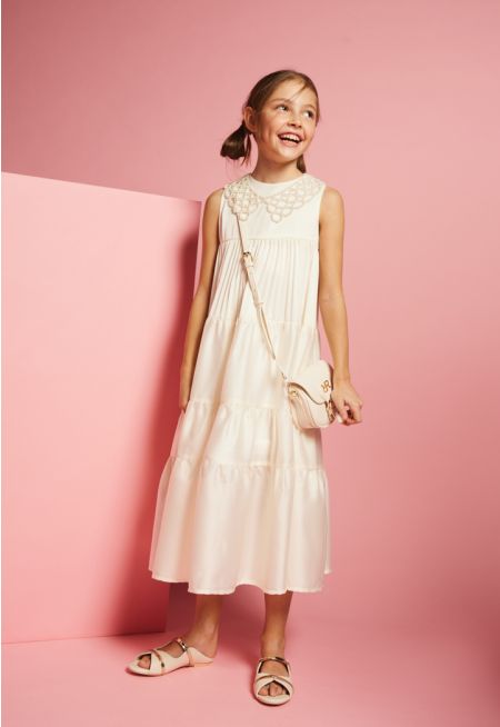 Solid Tiered Dress with Detachable Collar Necklace