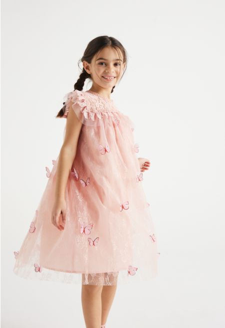 Butterfly Embellished Mesh Dress