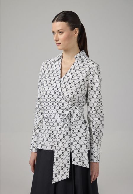 Monogram Print Wrap Blouse