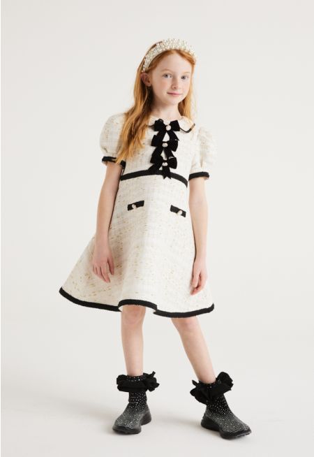 Bow Embellished Tweed Dress