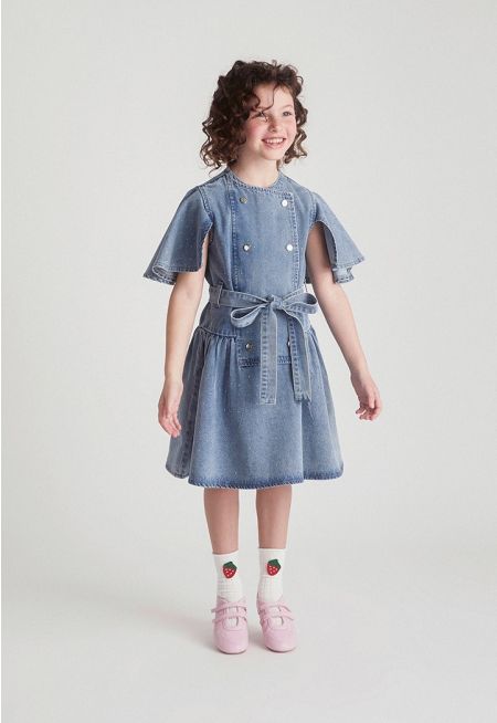 Crystal Embellished Denim Dress with Flared Sleeves