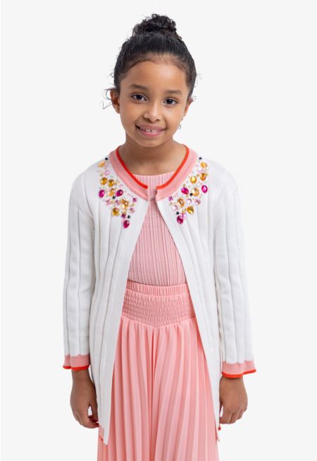 Contrast Beaded Open Cardigan