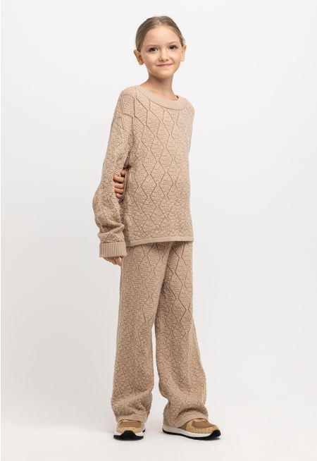 Textured Schiffli Knitted Elasticated Waist Wide Leg Pants -Sale