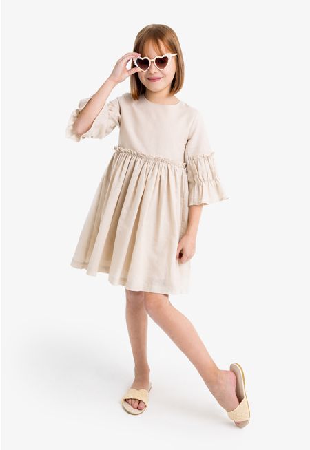 Solid Ruffle Sleeves Dress