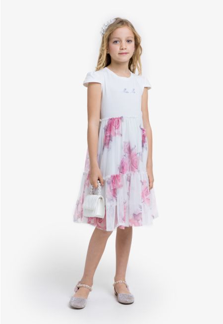 Embellished Printed Tiered T Shirt Dress