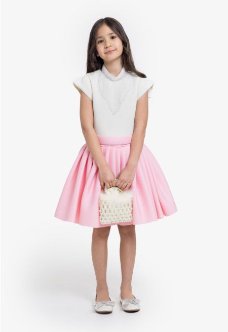 Two Toned Pleated Belted Dress
