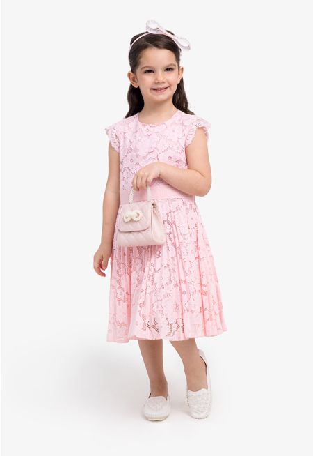 Pleated Crew Neck Floral Lace Dress