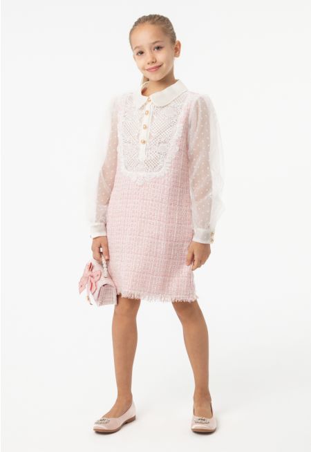 Lurex Tweed Lace Bib Balloon Long Sleeve Dress -Sale