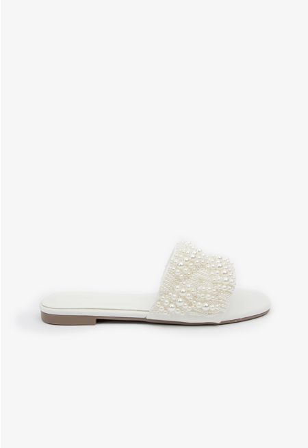 Solid Faux Pearls Embellished Flats