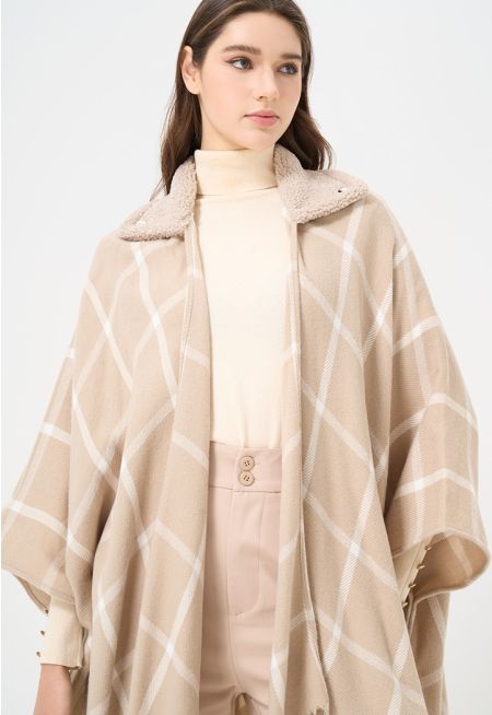 Plaid Faux Shearling Winter Poncho